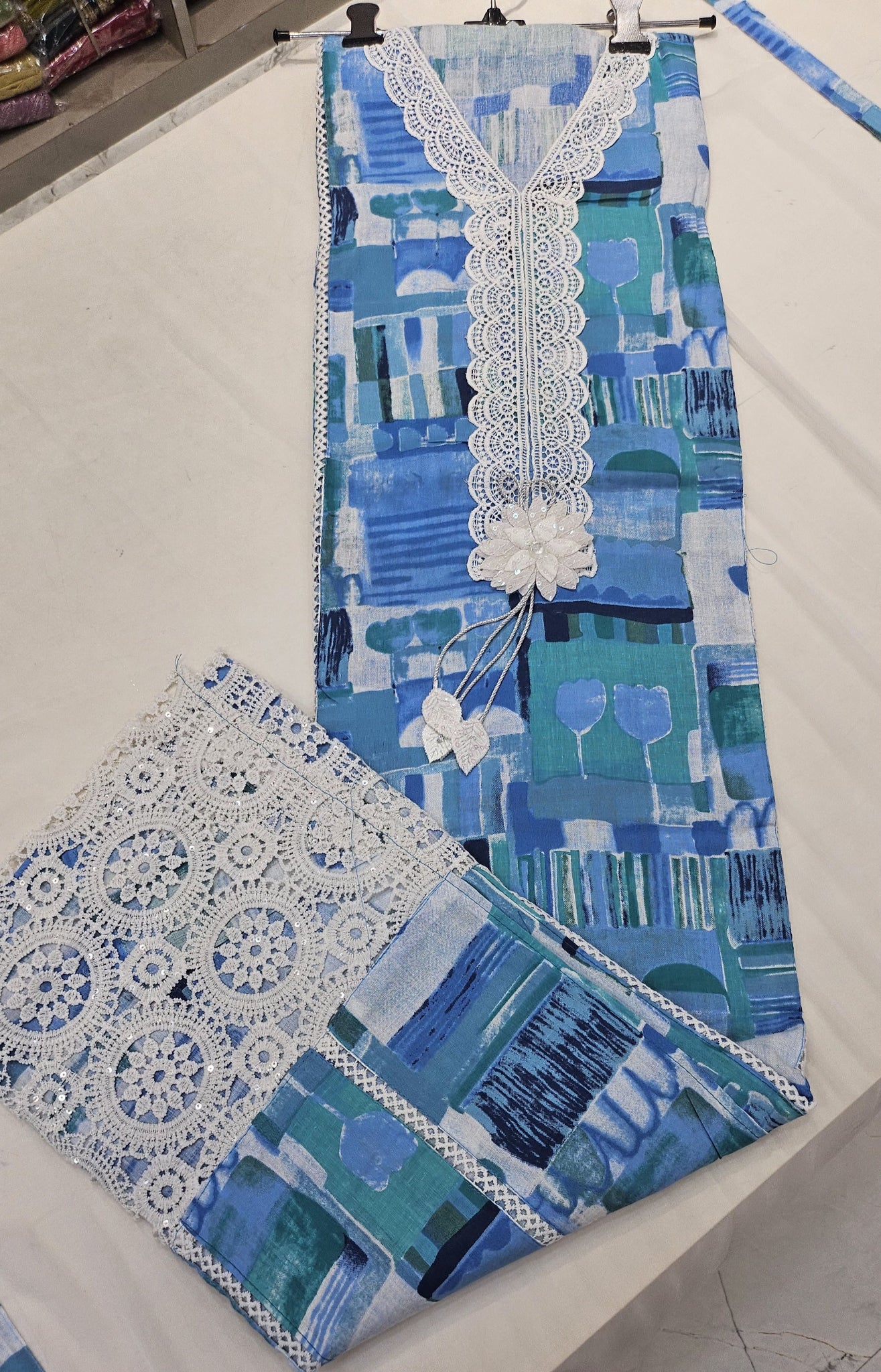 Blue cotton suit white flower
