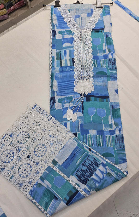 Blue cotton suit white flower